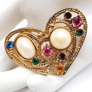 Vintage 1970s Heart Brooch, Multicolor Rhinestones, Faux Pearls, Gold Tone, 2 In